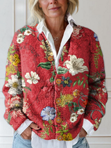 Damen Vintage Floral Kunst Druck Knopf-Cardigan Pullover – Rot