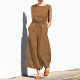 Gerader Jumpsuit mit Falten am Revers ohne Gürtel - Nora – Kamel