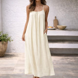 Tamara | Spaghettiträger Maxi Sommerkleid – Creme