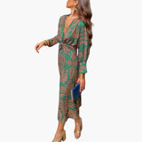 Midikleid für Damen - Blumenmuster, Langarm & V-Ausschnitt – Grün