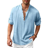 Herren Langarm Shirt mit V-Ausschnitt | Lockeres Freizeithemd mit Knöpfen – Blau