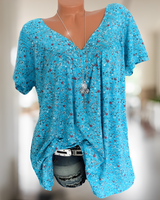 Winslet - V-Ausschnitt Lose Kurzarm Freizeit T-Shirt – Blau