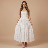 Stephanie - Floral Print Corset Bodice Gathered Midi Dress – Weiße Posy