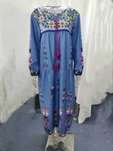 Damen nan besticktes Maxikleid mit langen Ärmeln, Quastenverschluss und folkloristischer Stickerei Drune – Blau