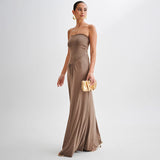 Isla - Trägerloses, drapiertes Maxikleid – Braun