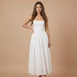 Stephanie - Floral Print Corset Bodice Gathered Midi Dress – Weiß