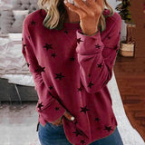 Damen nan locker geschnittenes Sternen-Print Sweatshirt mit Rundhalsausschnitt, verlängertem Rücken und seitlichen Schlitzen Drune – Weinrot