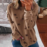 Damen nan locker geschnittenes Sternen-Print Sweatshirt mit Rundhalsausschnitt, verlängertem Rücken und seitlichen Schlitzen Drune – Khaki