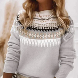 Norweger Grobstrickpullover Damen | Rundhals Langarm Strick – Beige