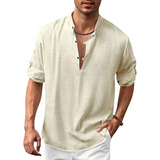 Herren Langarm Shirt mit V-Ausschnitt | Lockeres Freizeithemd mit Knöpfen – Beige