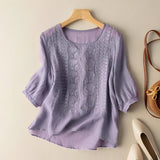 Gretchen - Stilvolle bestickte Bluse mit 3/4-Ärmeln für Damen – Lila