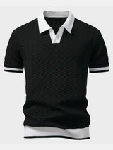 Arleno - Strukturiertes Strickpoloshirt mit V-Ausschnitt – Schwarz
