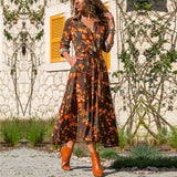 Camila - Geblümtes Midikleid mit Knopfverschluss – Orange