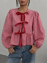 Daniela | Vintage Schwarz-Weiß Karierte Bubble Langarm-Bluse – Rot