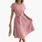 Sommerkleid Damen - Blumenkleid mit Gürtel und Kurzarm – Rosa