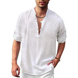 Herren Langarm Shirt mit V-Ausschnitt | Lockeres Freizeithemd mit Knöpfen – Weiß
