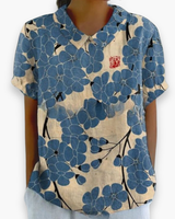 Damen Verspielt Blumendruck Hemdbluse | Locker – Weiß mit blauen Blumen