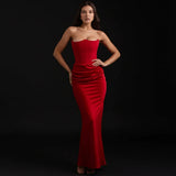 Sabrina | Damen Trägerloses Korsett Maxikleid Satin – Satin Korsett Maxi 2026 – Rubin