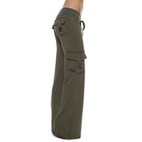 Damen nan lässige Low-Rise Cargo-Loungehose mit weitem Bein, breitem Komfortbund und dekorativen Klappentaschen Drune – Grün