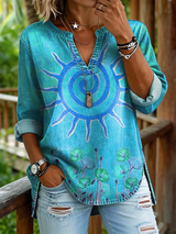 Xina - Bedruckte Bluse mit V-Ausschnitt – Blau