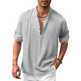 Herren Langarm Shirt mit V-Ausschnitt | Lockeres Freizeithemd mit Knöpfen – Grau