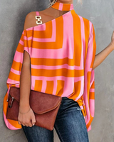 Damen Elegantes Bedrucktes Oberteil | Festliche Oberteile Damen – Orange-rosa gestreift