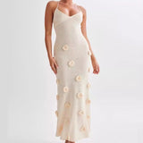 Maxikleid mit Spaghettiträgern und 3D-Blumenapplikationen für Damen – Beige
