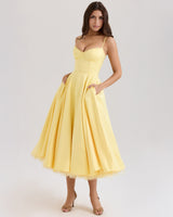 Paula | Duchesse-Satin Midikleid Mit Corsage – Buttergelb