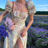 Leonarda - Geblümtes Maxikleid mit Puffärmeln – Gelb