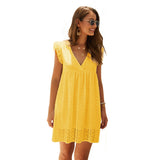 Karen – Sommerkleid mit V-Ausschnitt aus Baumwolle und kurzem Rock in einheitlicher Farbe – Gelb