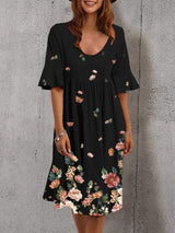 Iria - Geblümtes Midi-Ärmel-Kleid mit Rüschen – Schwarz