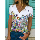 Flora - T-Shirt mit V-Ausschnitt und Blumendruck – Weiß