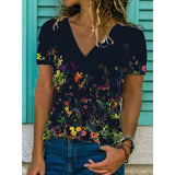 Flora - T-Shirt mit V-Ausschnitt und Blumendruck – Schwarz