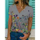 Flora - T-Shirt mit V-Ausschnitt und Blumendruck – Grau