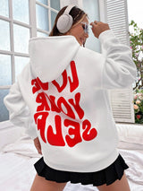 Oversized Hoodie Damen – Schwarzer Kapuzenpullover mit „Love Yourself“ Rückendruck – Weiß