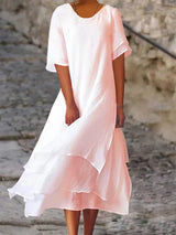 Doppeltes Baumwoll-Leinen-Kleid für Frauen | Midi – Rosa