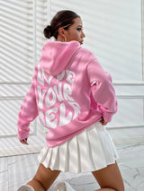 Oversized Hoodie Damen – Schwarzer Kapuzenpullover mit „Love Yourself“ Rückendruck – Rosa