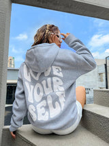 Oversized Hoodie Damen – Schwarzer Kapuzenpullover mit „Love Yourself“ Rückendruck – Grau