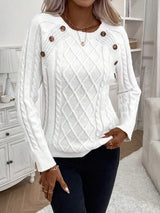 Clara – Pullover mit Knopfdetails und Zopfmuster – Weiß
