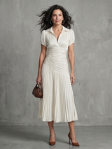 Theodora | Plissierter Taillenstreifen Midi-Kleid – Weiß