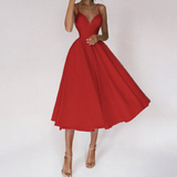 Damen Elegant Abendkleid | Cocktailkleid mit Spaghettiträgern und Herz-Ausschnitt – Rot