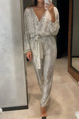Lioren | Damen V-Ausschnitt Pailletten Jumpsuit – Silber