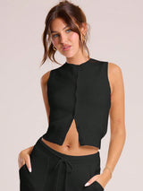 Gestricktes Cropped Top mit Knopfleiste – Minimalistisch, Weich & Kombistark – Schwarz