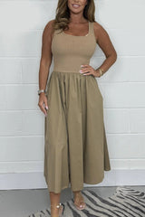 Stylisches ärmelloses A-Linien-Kleid mit quadratischem Ausschnitt – Khaki