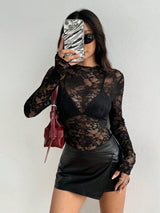 Cropped Spitzenbluse mit langen Ärmeln – Sexy, Transparent & Feminin – Schwarz