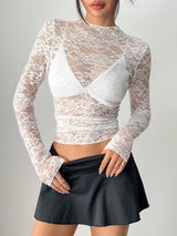 Cropped Spitzenbluse mit langen Ärmeln – Sexy, Transparent & Feminin – Weiß