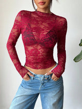 Cropped Spitzenbluse mit langen Ärmeln – Sexy, Transparent & Feminin – Burgundisch