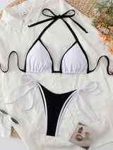 Sexy Triangel-Bikini in Marineblau mit Kontrast-Saum – Minimalistisches 2-teiliges Set zum Schnüren – Schwarz/Weiss