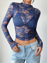 Cropped Spitzenbluse mit langen Ärmeln – Sexy, Transparent & Feminin – Dunkelblau
