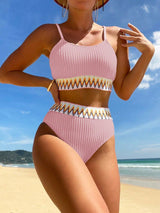 Schwarzer High-Waist Bikini mit Chevron-Detail – 2-teiliges Set mit Spaghettiträgern &amp; Strukturstoff – Rosa